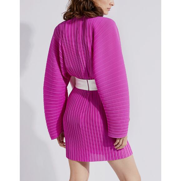 Solace London Tanzy Fuchsia Pleated White Bow Long Sleeve Mini Cocktail Dress - Picture 3 of 16